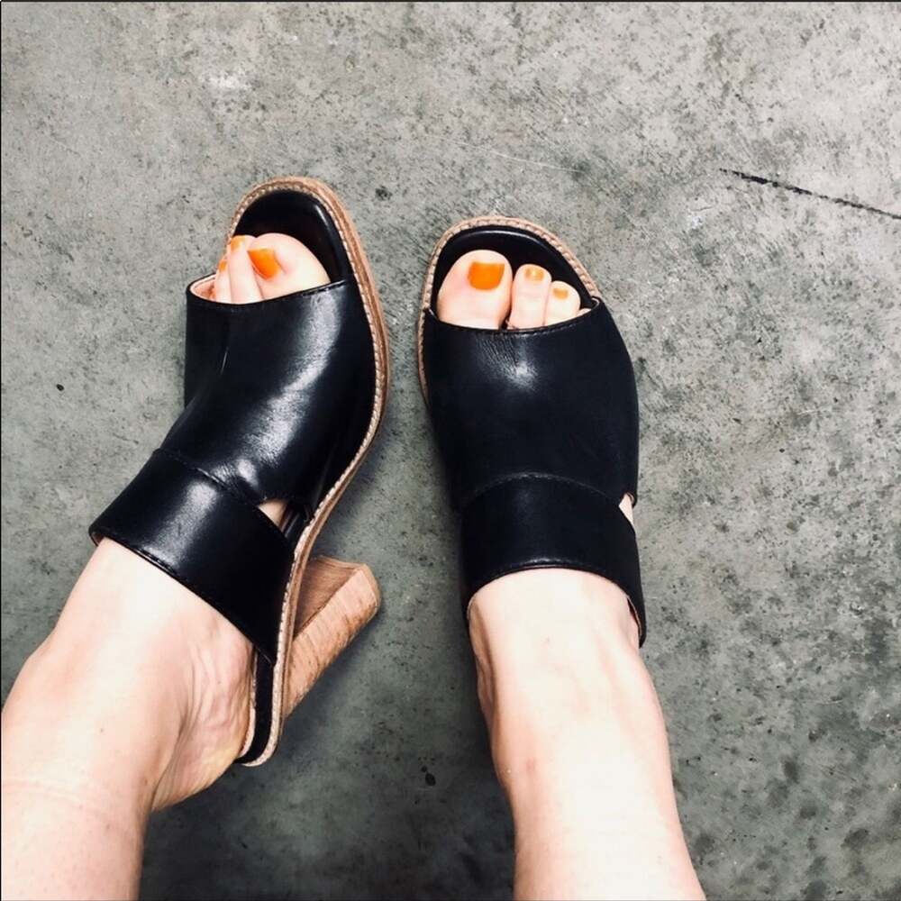 SEY Collection Black Tan Leather Mule Slide Open Toe Chunky Block Heel Shoes 9 - Picture 4 of 9